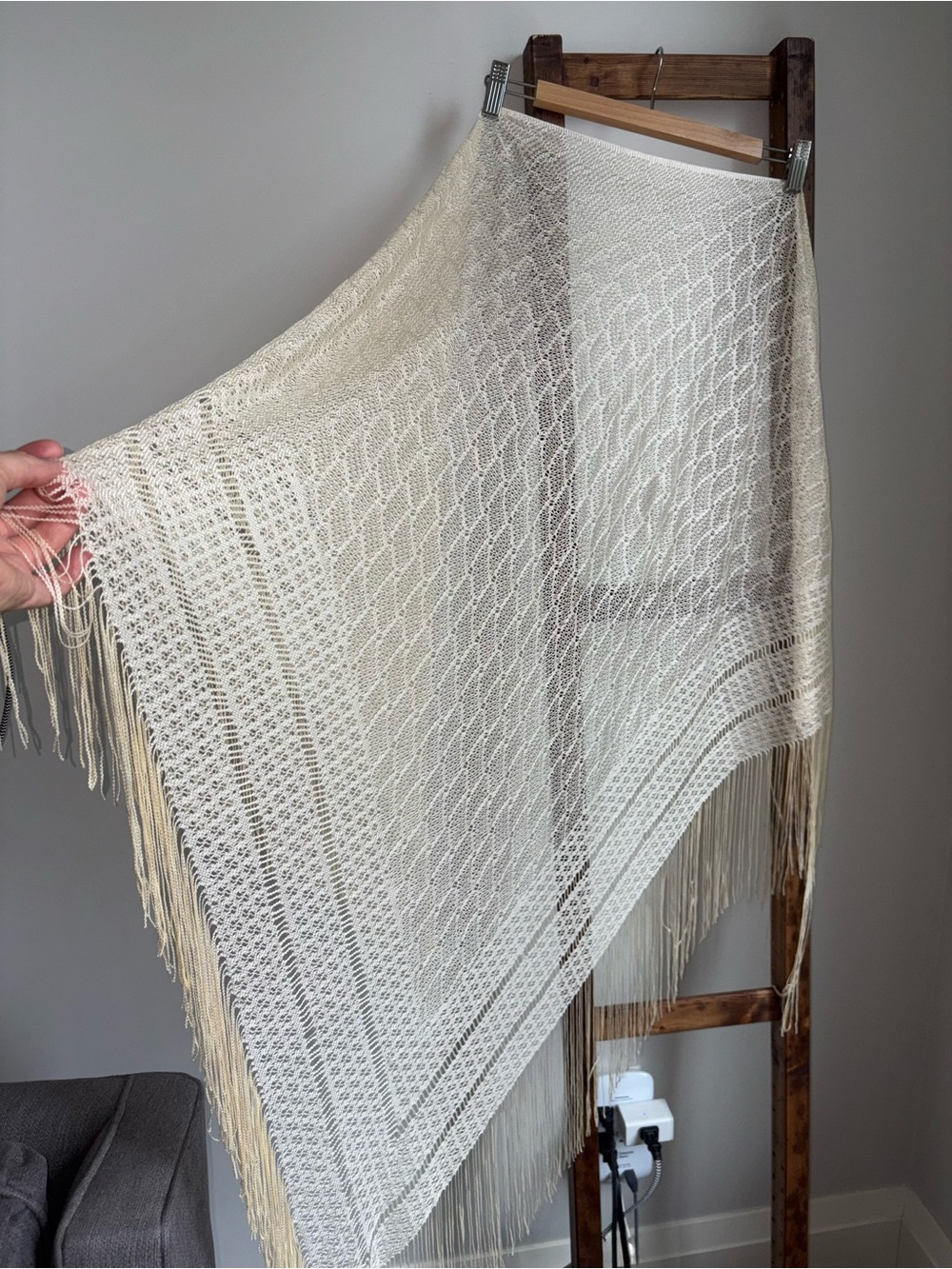 Handwoven Cream Fringe Shawl Lightweight Bohemian Bridal Cottagecore